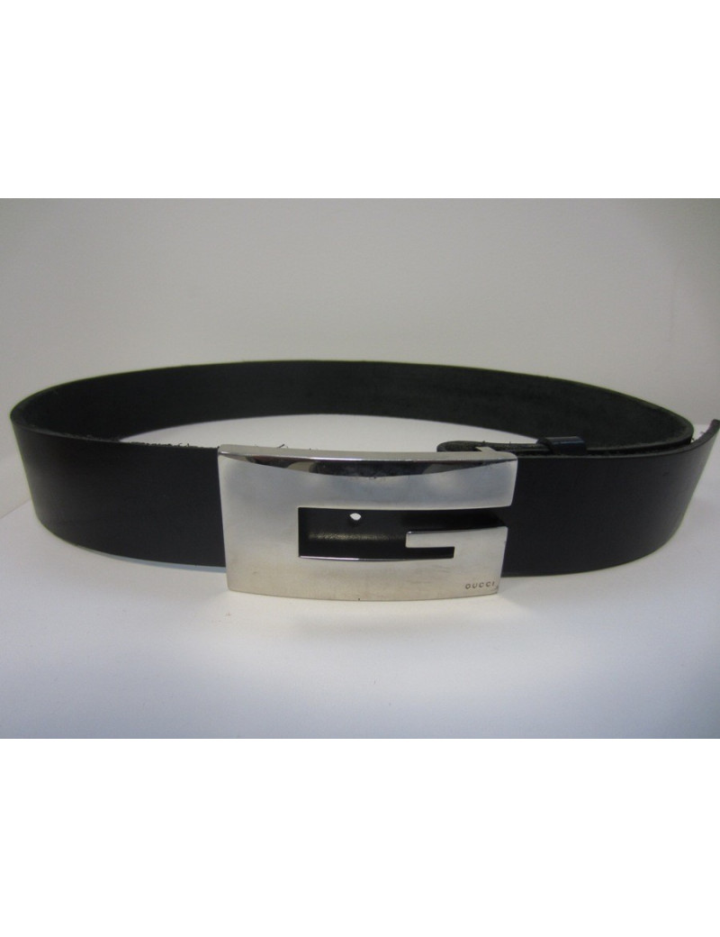 Ceinture GUCCI boucle en metal argent noir et ceinture en cuir de vachette noir