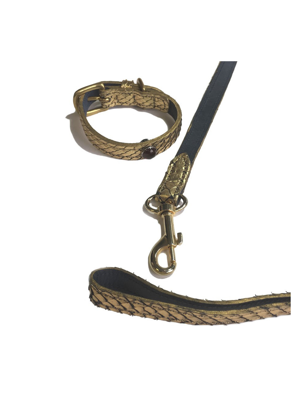 Collier et laisse de chien PETS & STONES en python laminé or et cuir bleu végétal