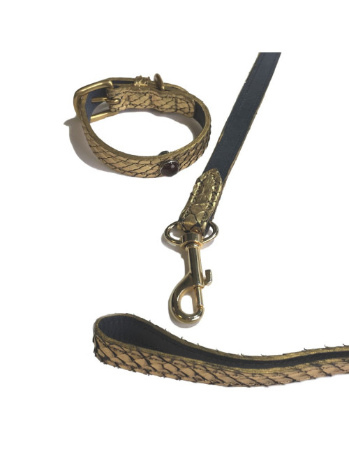 Collier et laisse de chien PETS & STONES en python laminé or et cuir bleu végétal