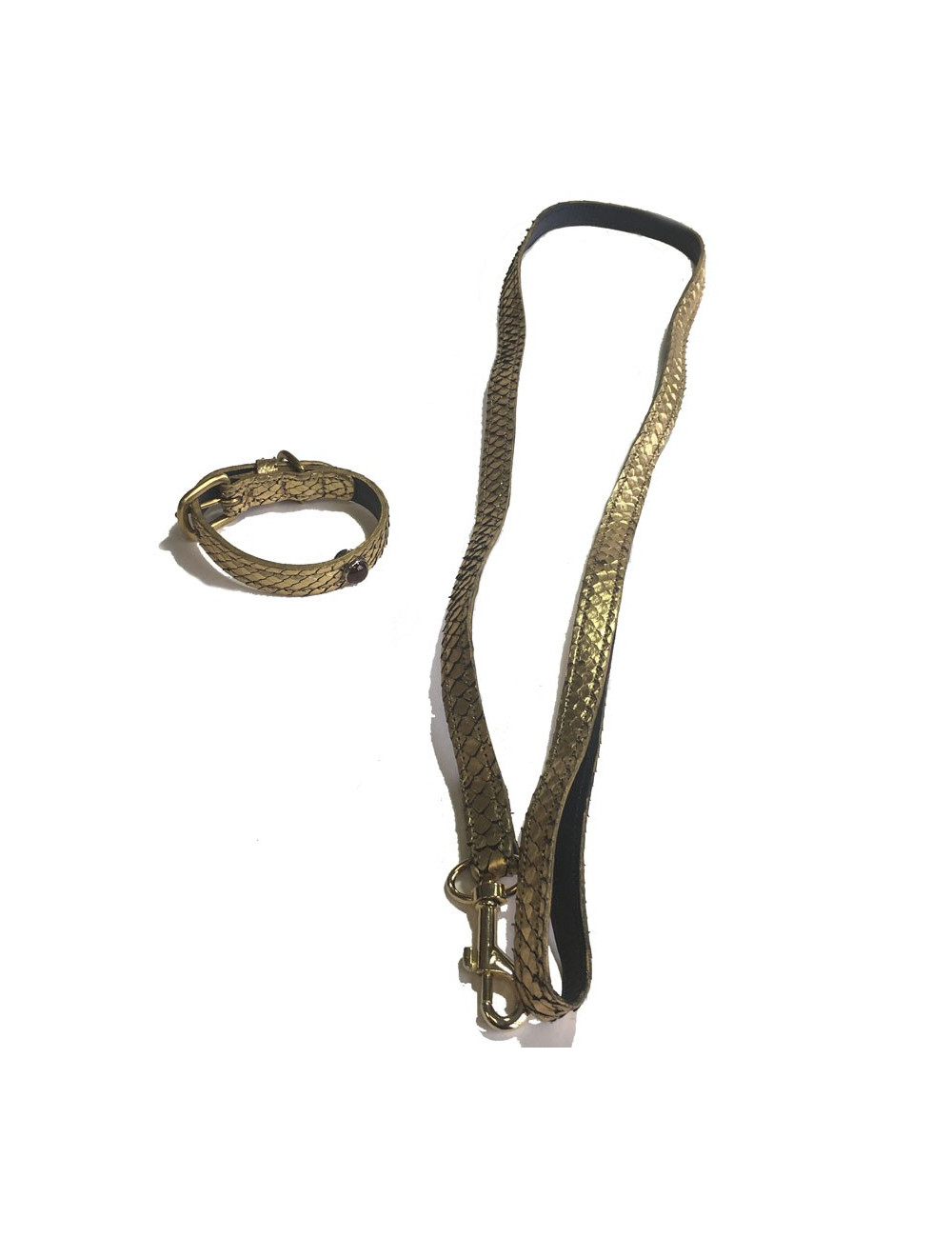 Collier et laisse de chien PETS & STONES en python laminé or et cuir bleu végétal