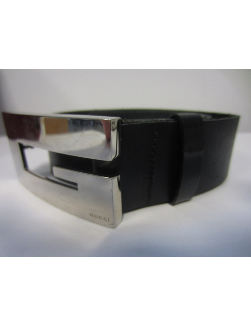 Ceinture GUCCI boucle en metal argent noir et ceinture en cuir de vachette noir