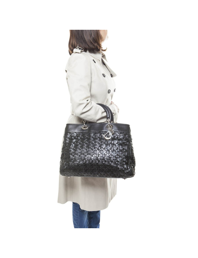 Lady D CHRISTIAN DIOR black braided smooth leather tote bag
