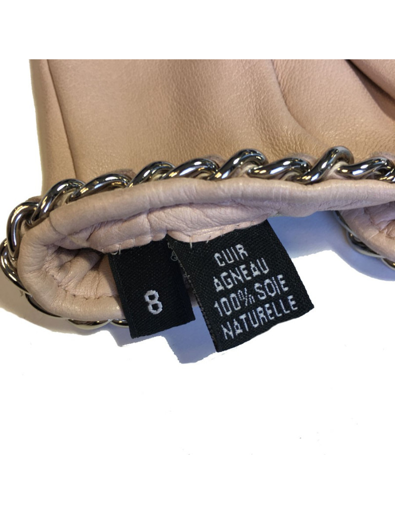 Gants CHANEL cuir d'agneau rose pâle et chaine argentée taille 8