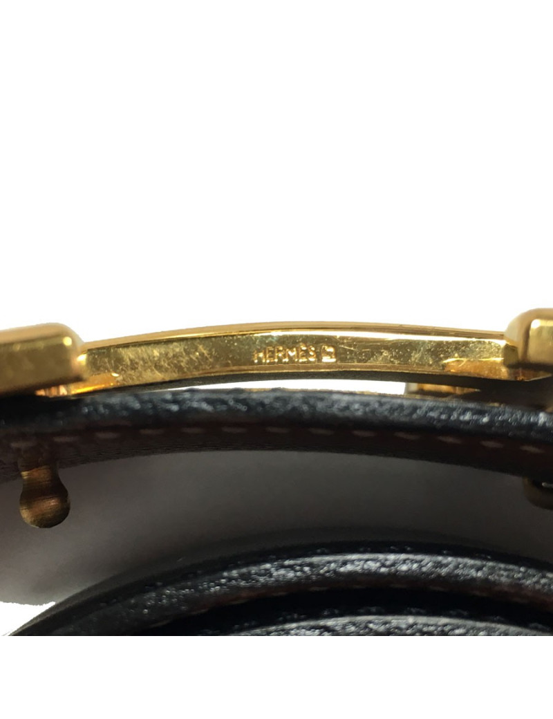 Ceinture H HERMES réversible en cuir noir et gold T80