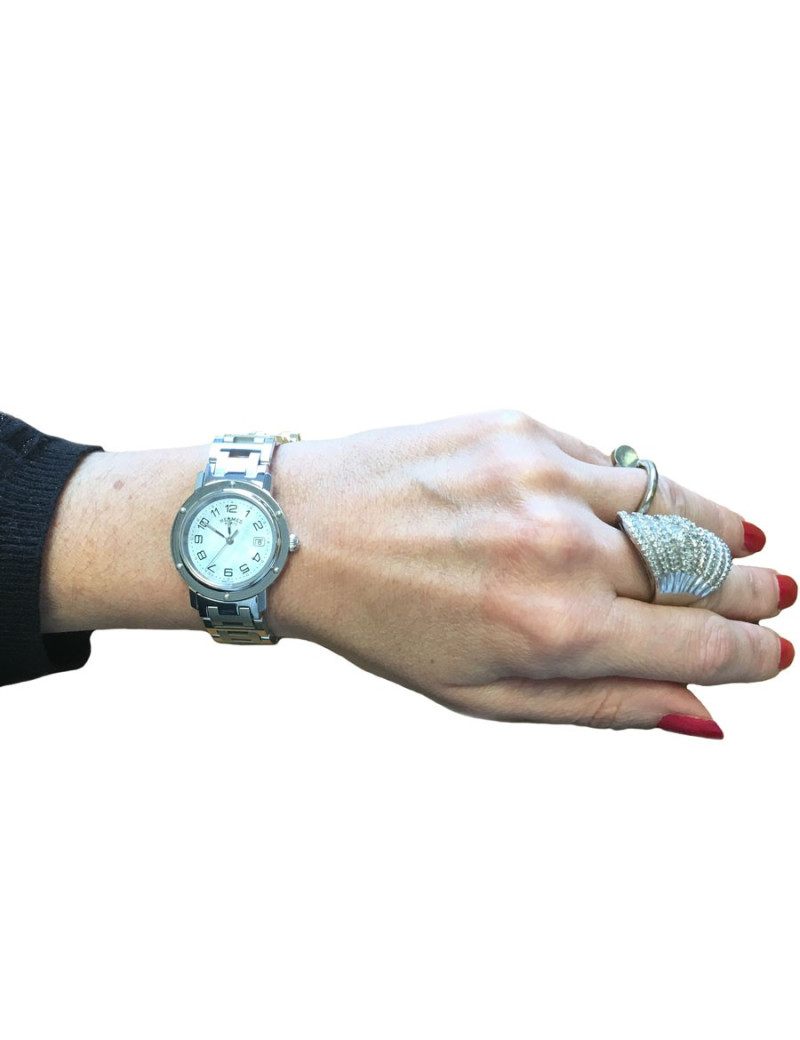 HERMES Clipper watch, medium size, pearlescent blue face
