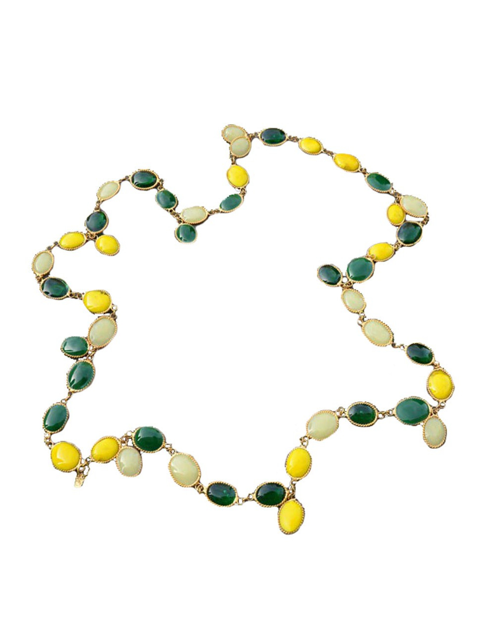 Sautoir cabochons MARGUERITE DE VALOIS en pâte de verre jaune et émeraude