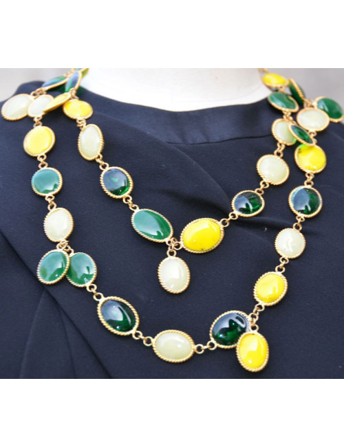 Sautoir cabochons MARGUERITE DE VALOIS en pâte de verre jaune et émeraude