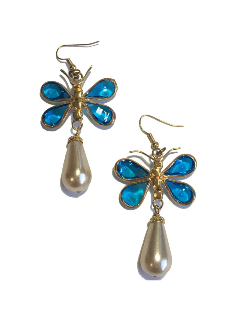 Boucles d'oreille clous MARGUERITE DE VALOIS papillon en pâte de verre bleue, strass et perle nacrée