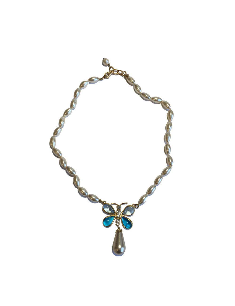 Collier MARGUERITE DE VALOIS papillon en perles en pâte de verre nacrée, bleue et strass 