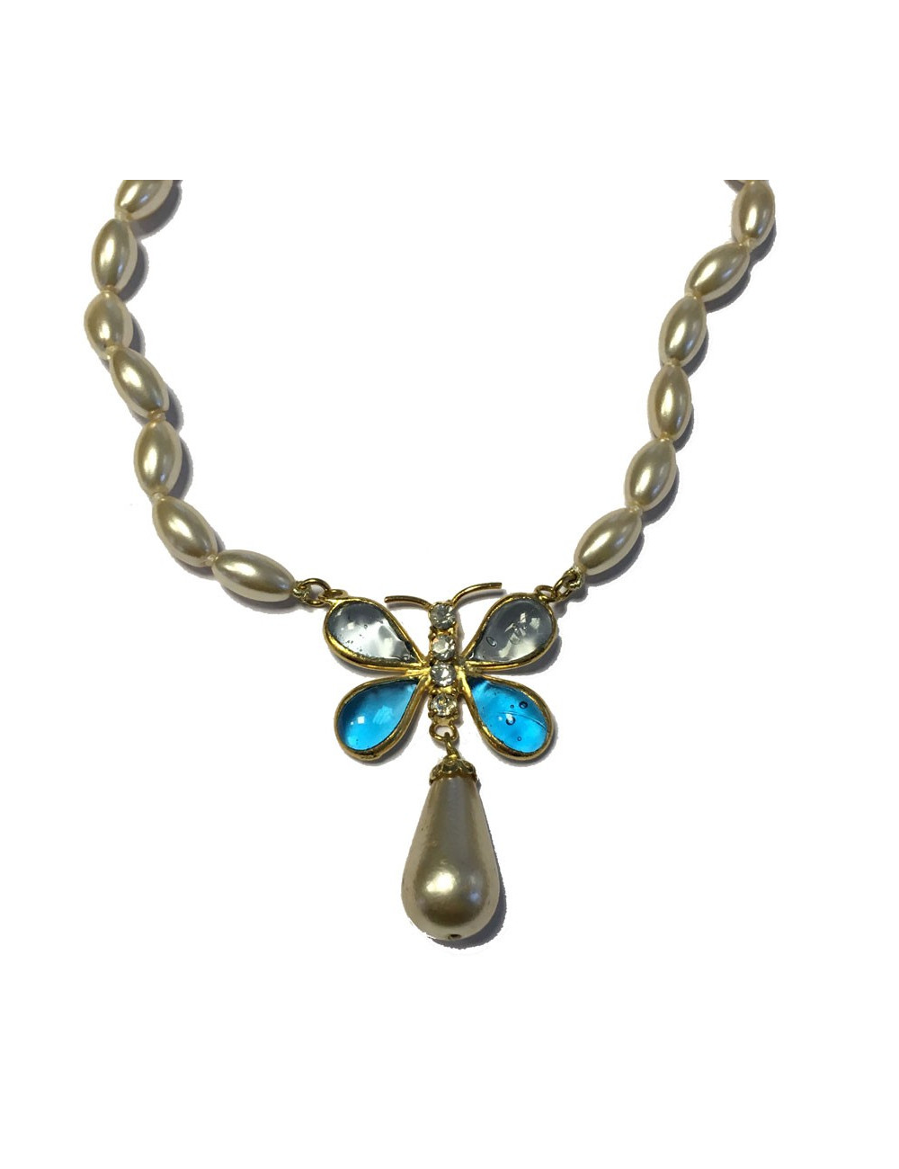 Collier MARGUERITE DE VALOIS papillon en perles en pâte de verre nacrée, bleue et strass 
