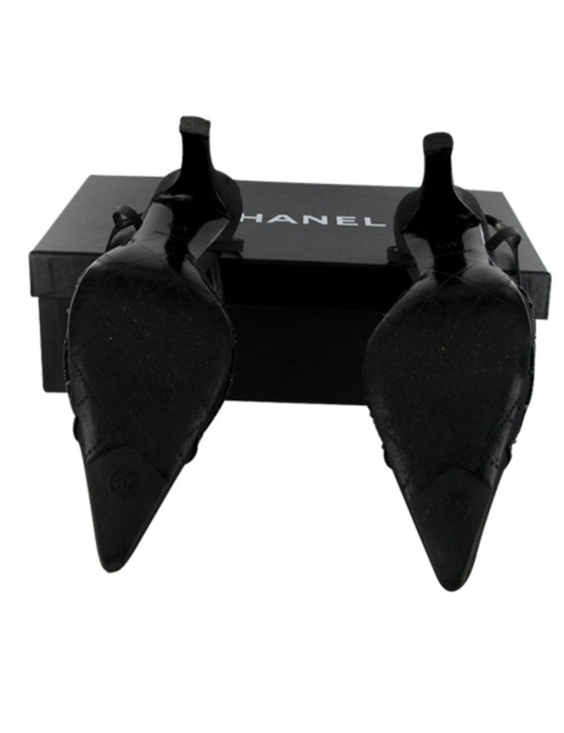 Sandales Couture T 36.5 CHANEL soie perles noires