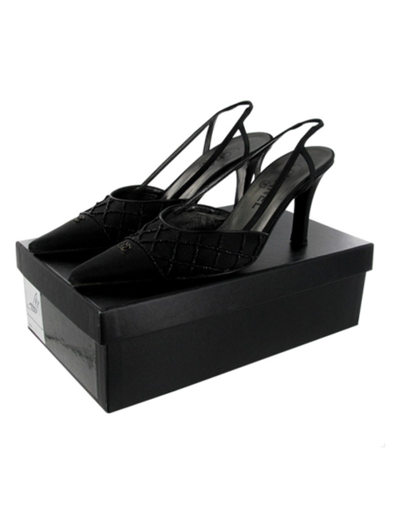 Couture t 36.5 CHANEL silk sandal black pearls