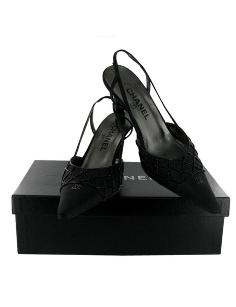 Sandales Couture T 36.5 CHANEL soie perles noires