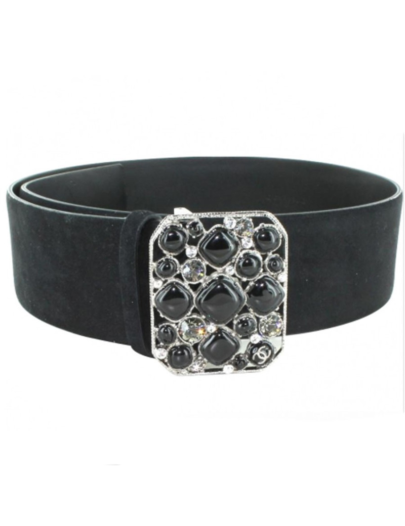 Ceinture CHANEL en veau velours noir boucle bijou noir et argent
