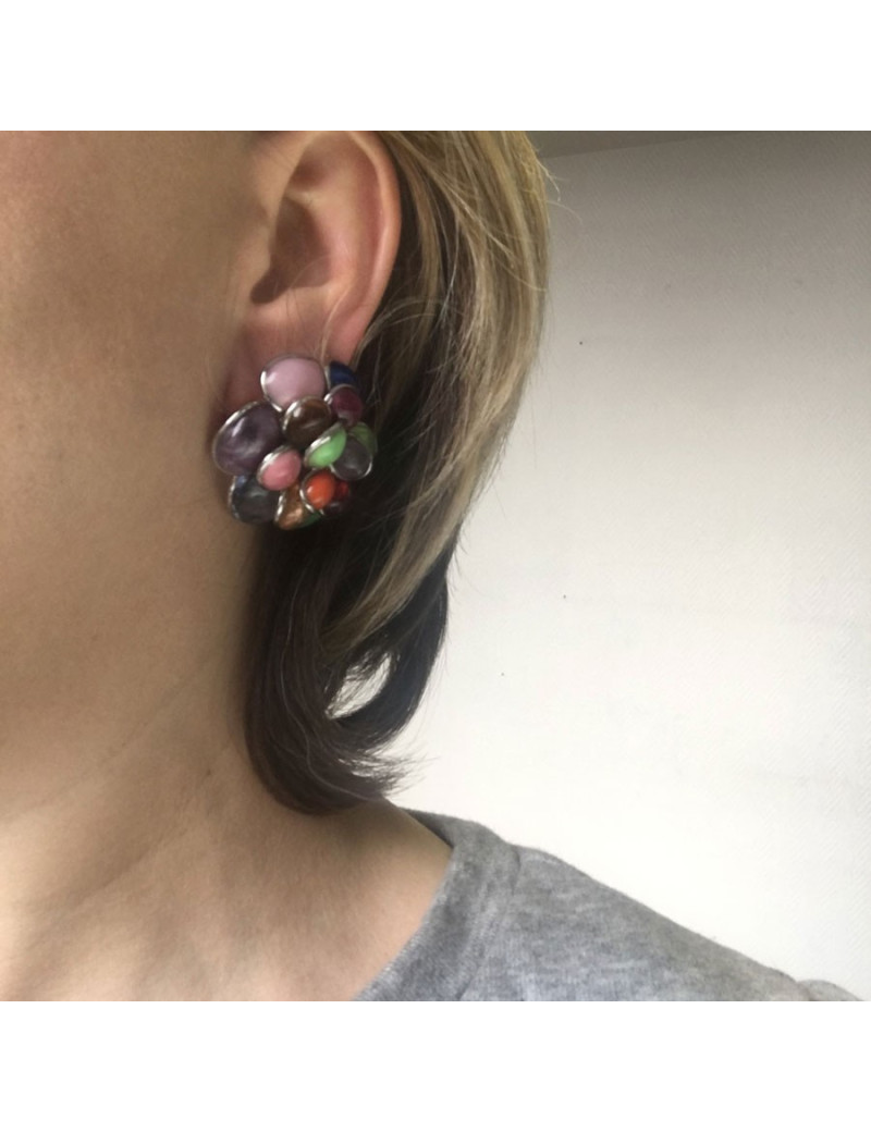 Boucles d'oreille clips MARGUERITE DE VALOIS  en pâte de verre multicolore