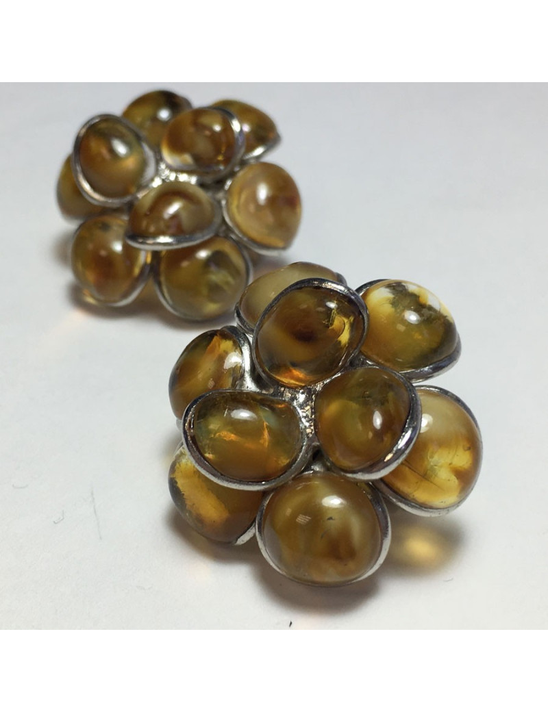 Boucles d'oreille clips MARGUERITE DE VALOIS fleur en pâte de verre  couleur ambre