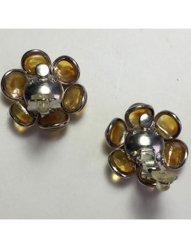 Boucles d'oreille clips MARGUERITE DE VALOIS fleur en pâte de verre  couleur ambre