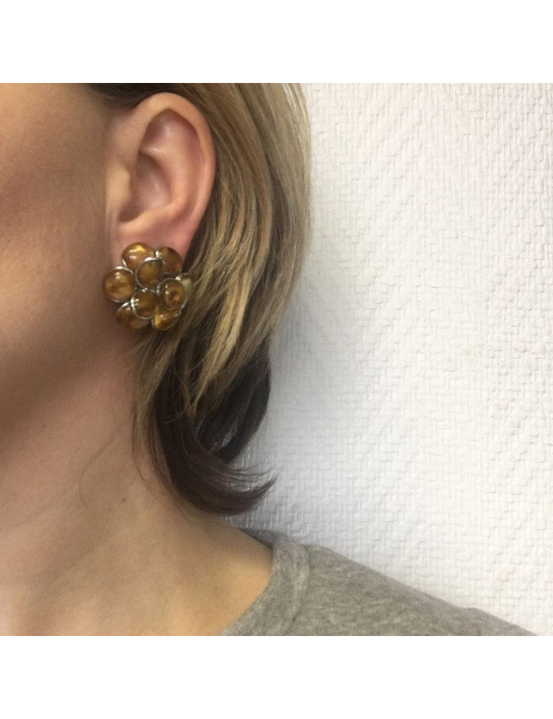 Boucles d'oreille clips MARGUERITE DE VALOIS fleur en pâte de verre  couleur ambre