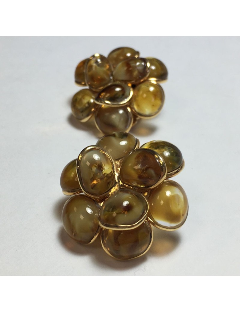 Boucles d'oreille clips  MARGUERITE DE VALOIS fleur en pâte de verre ambre