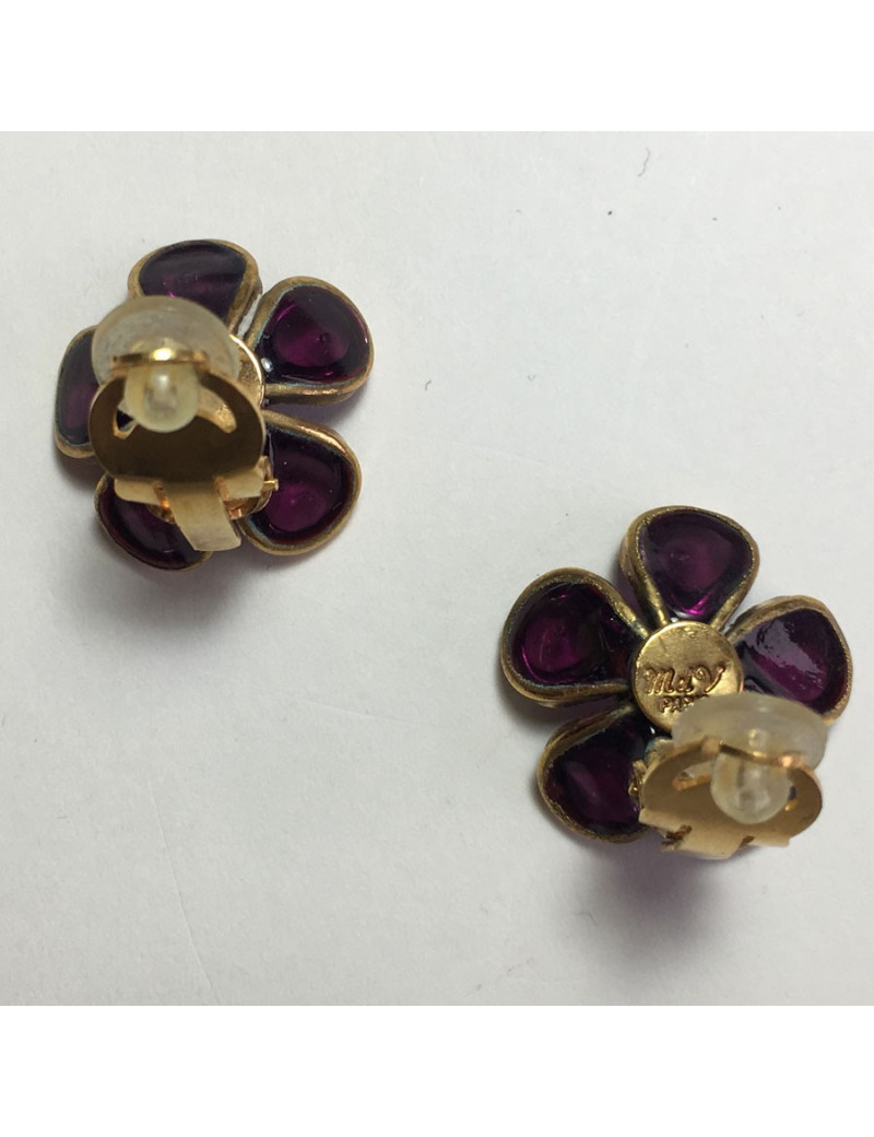xxx Boucles d'oreille clips MARGUERITE DE VALOIS fleurette en pâte de verre violet