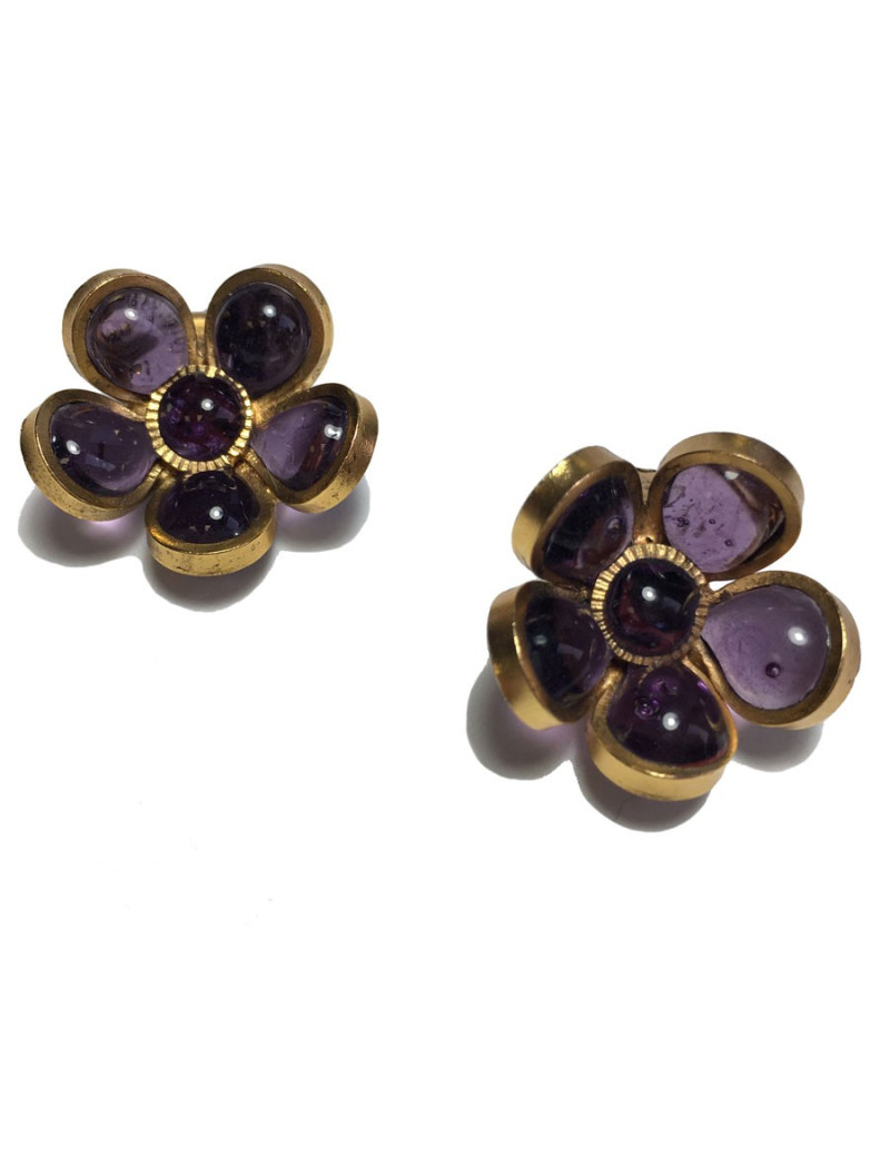 xxx Boucles d'oreille clips MARGUERITE DE VALOIS fleurette en pâte de verre violet