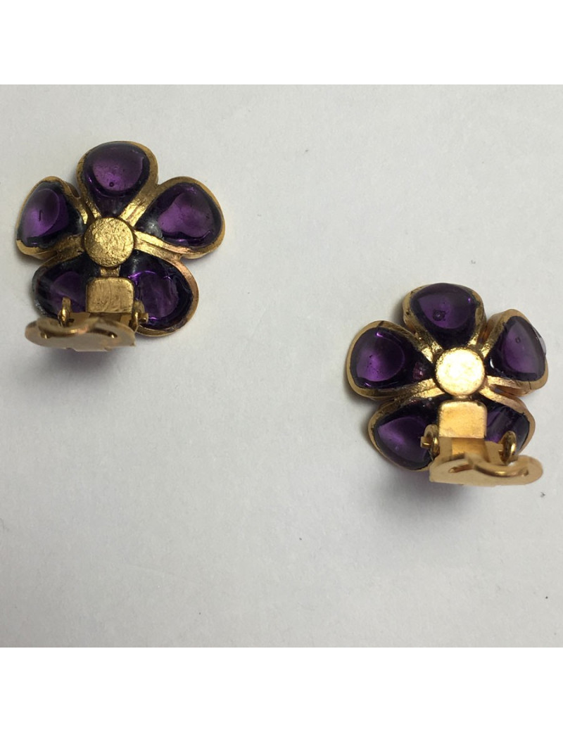 xxx Boucles d'oreille clips MARGUERITE DE VALOIS fleurette en pâte de verre violet