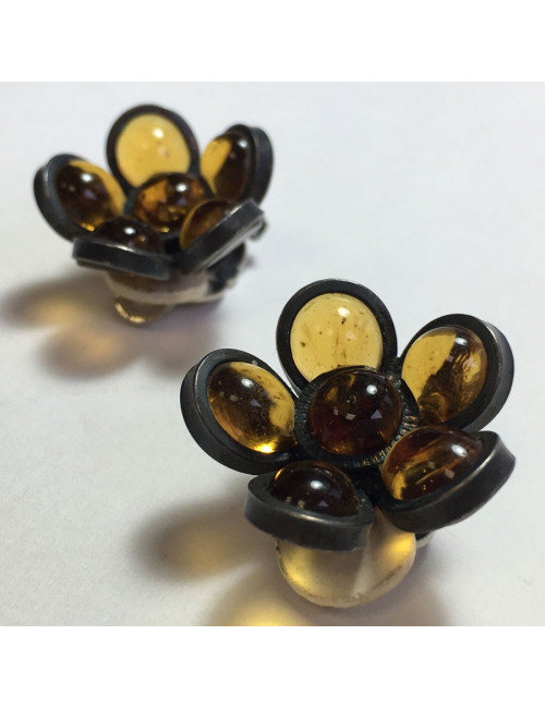 xxx Boucles d'oreille clips MARGUERITE DE VALOIS fleurette en pâte de verre couleur citrine