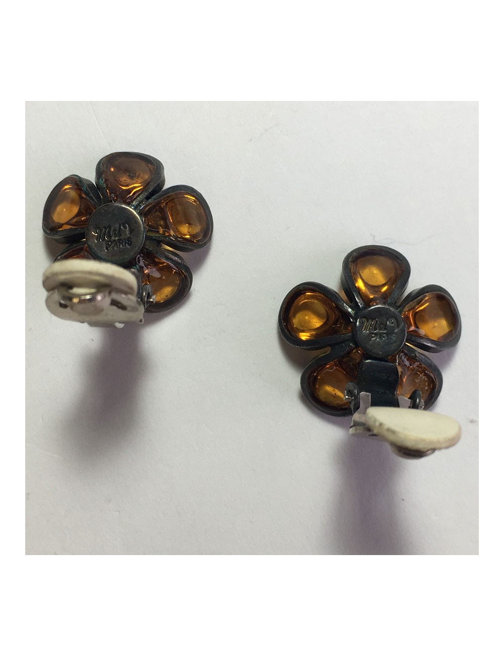 xxx Boucles d'oreille clips MARGUERITE DE VALOIS fleurette en pâte de verre couleur citrine