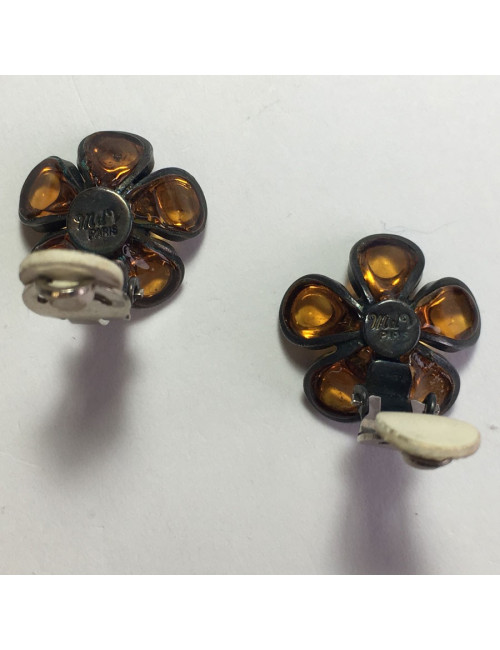 xxx Boucles d'oreille clips MARGUERITE DE VALOIS fleurette en pâte de verre couleur citrine