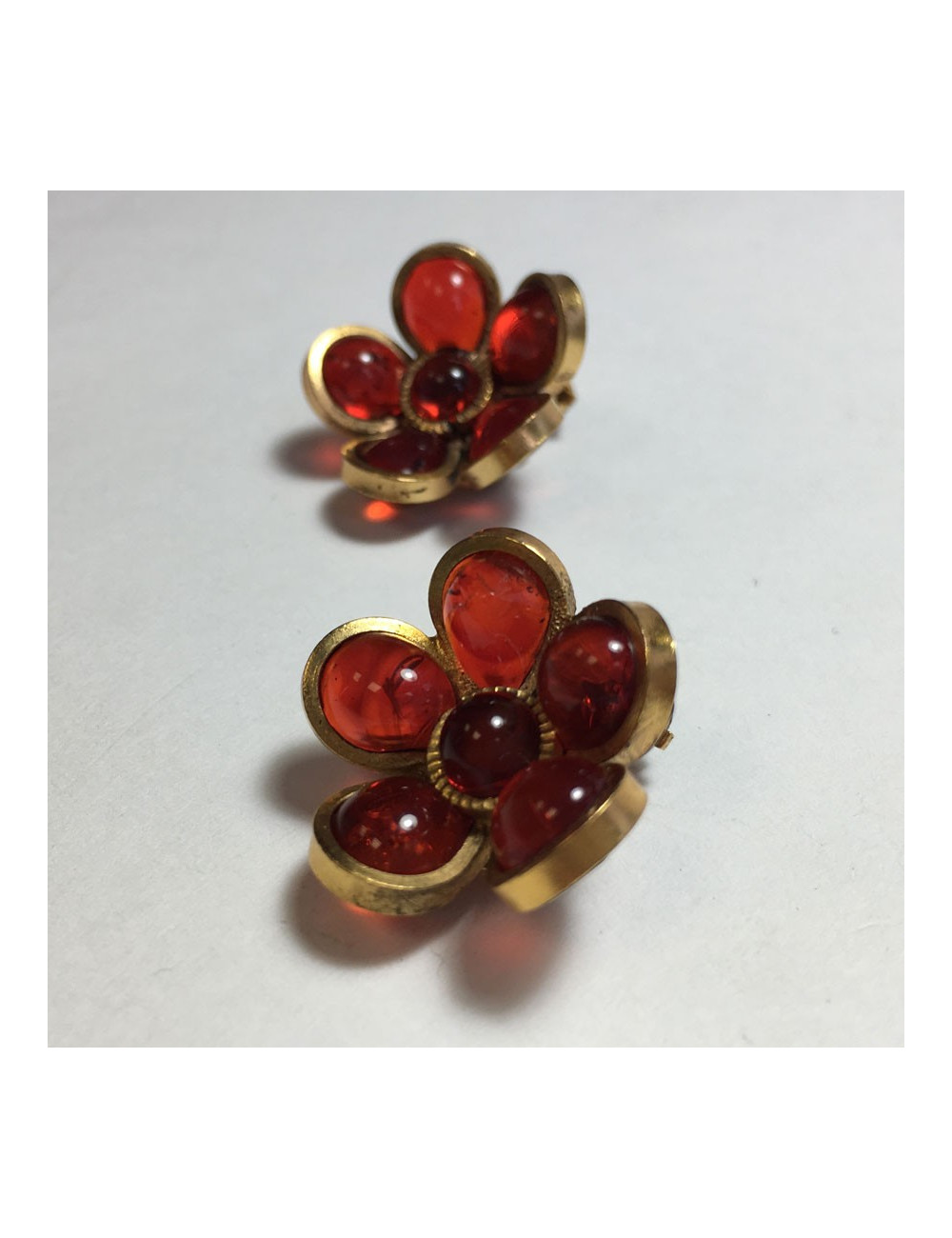 xxx Boucles d'oreille clips MARGUERITE DE VALOIS fleurette en pâte de verre rouge ambré