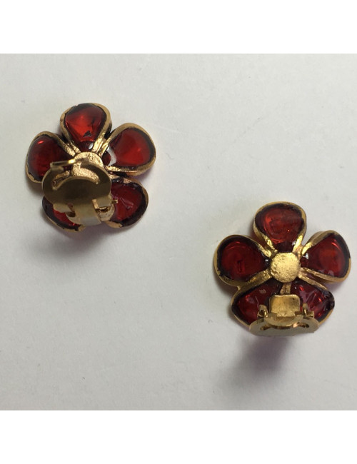 xxx Boucles d'oreille clips MARGUERITE DE VALOIS fleurette en pâte de verre rouge ambré