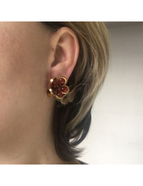 xxx Boucles d'oreille clips MARGUERITE DE VALOIS fleurette en pâte de verre rouge ambré