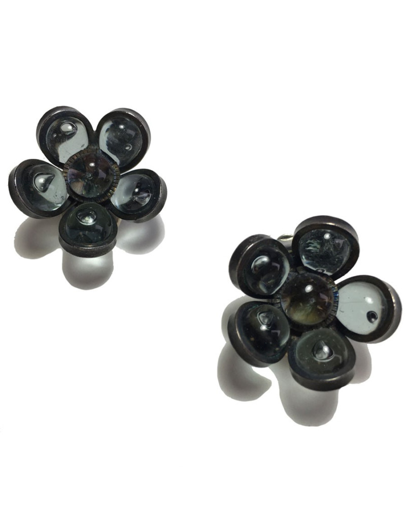 xxx Boucles d'oreille clips MARGUERITE DE VALOIS fleurette en pâte de verre anthracite transparent