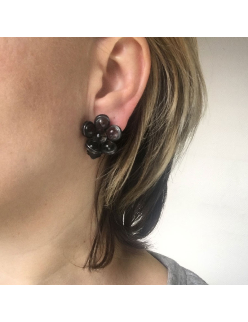 xxx Boucles d'oreille clips MARGUERITE DE VALOIS fleurette en pâte de verre anthracite transparent
