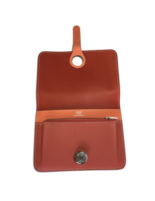 Portefeuille HERMES Dogon compact bicolore sanguine et crevette en veau swift