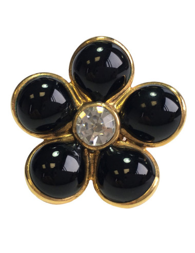 MARGUERITE DE VALOIS Flower Ring in Black Molten Glass with a Rhinestone 2