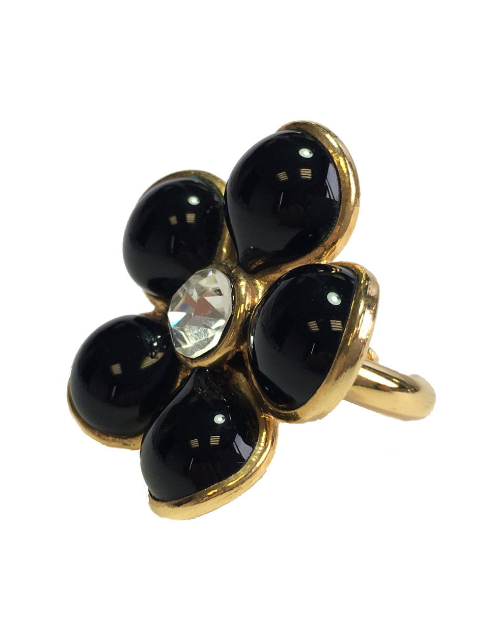 MARGUERITE DE VALOIS Flower Ring in Black Molten Glass with a Rhinestone