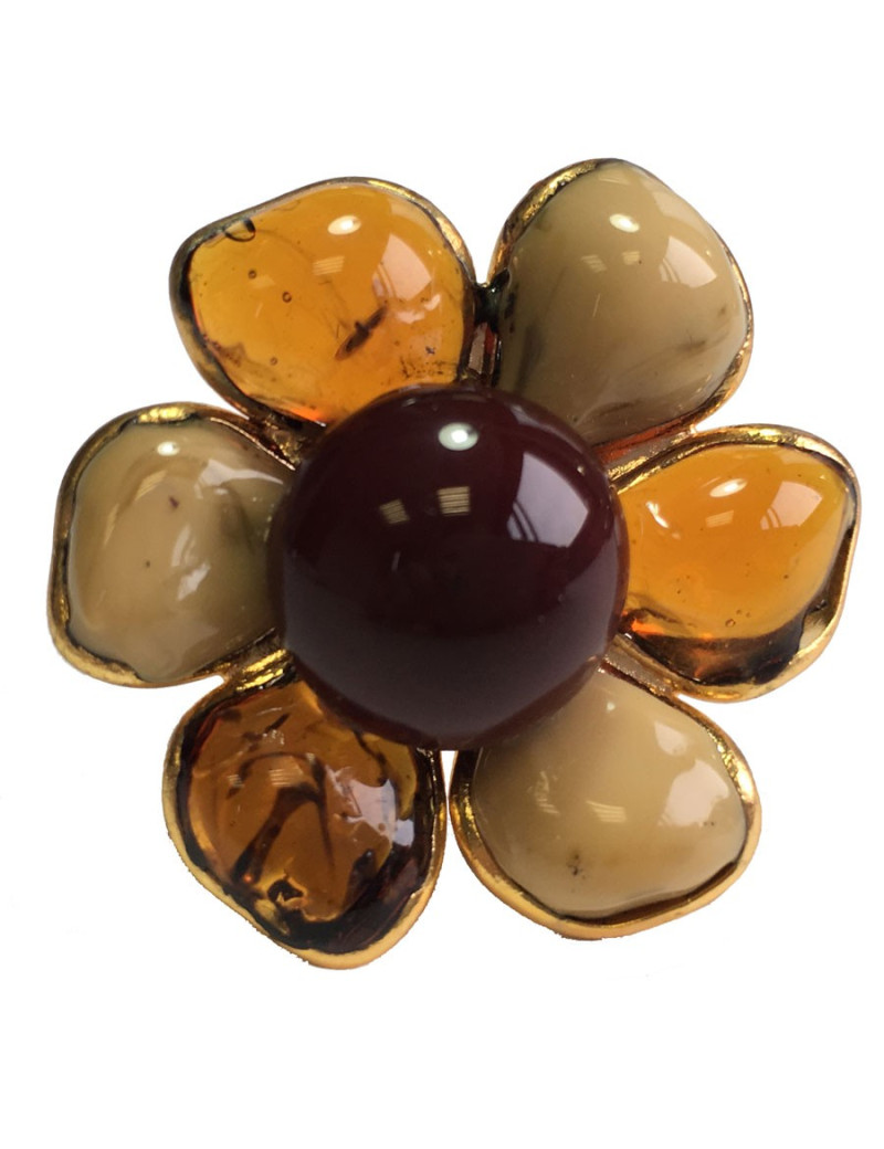TAILLE Bague MARGUERITE DE VALOIS fleur en pâte de verre ambre et beige mêlé