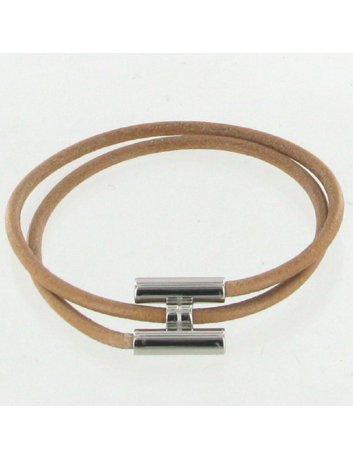 Bracelet Tournis HERMES cuir beige et argent palladié