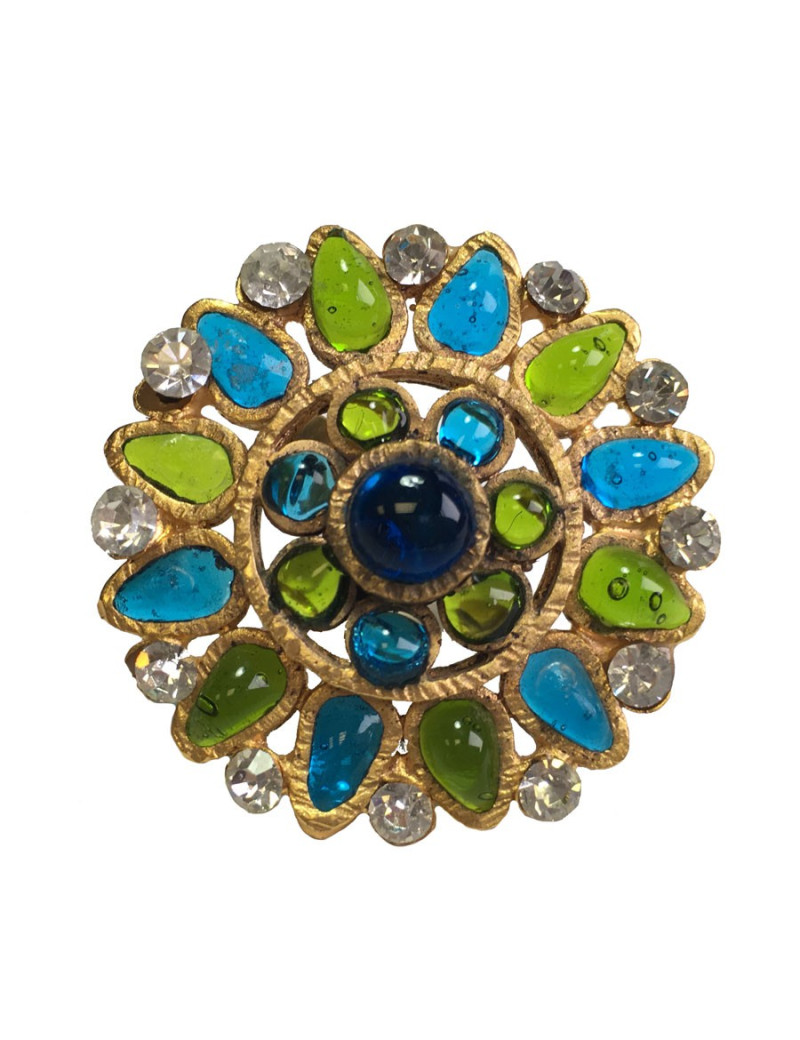 TAILLE Bague MARGUERITE DE VALOIS en pâte de verre vert et bleu, strass et métal doré