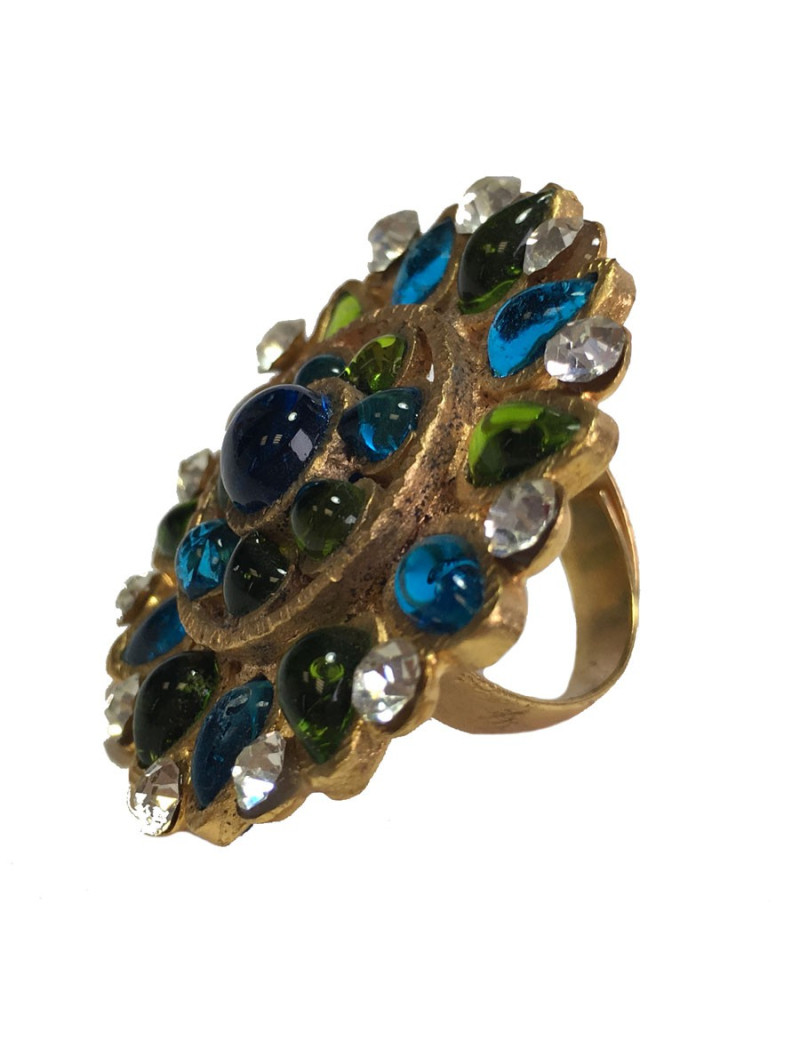 TAILLE Bague MARGUERITE DE VALOIS en pâte de verre vert et bleu, strass et métal doré