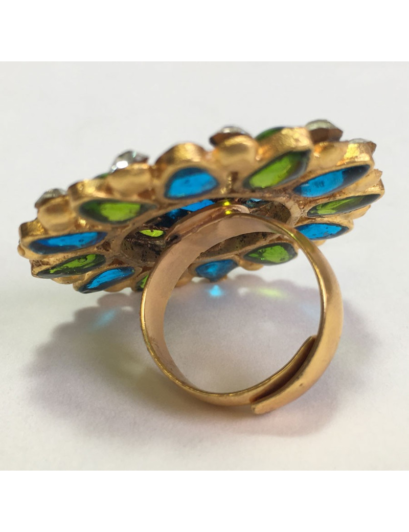 TAILLE Bague MARGUERITE DE VALOIS en pâte de verre vert et bleu, strass et métal doré