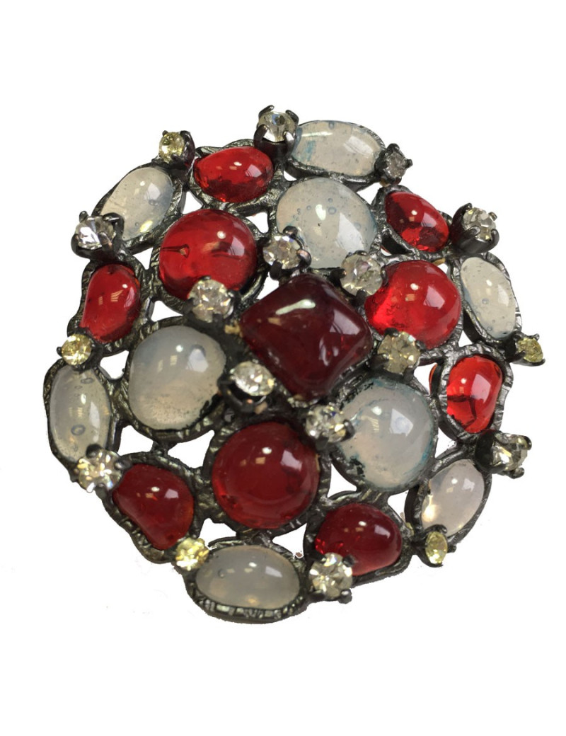 TAILLE Bague MARGUERITE DE VALOIS en pâte de verre blanc transparent et rouge