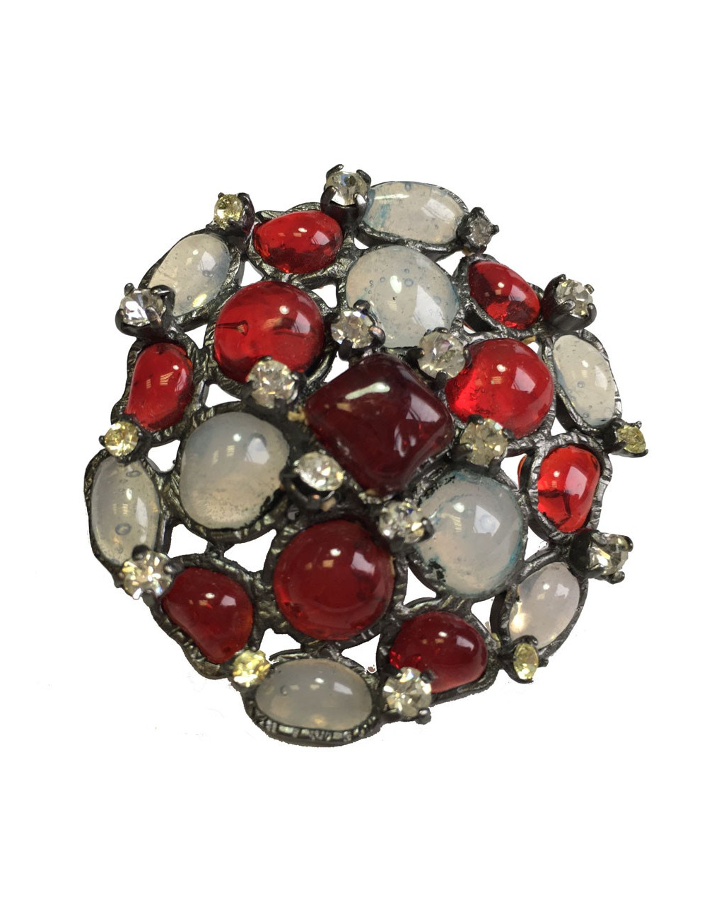 TAILLE Bague MARGUERITE DE VALOIS en pâte de verre blanc transparent et rouge