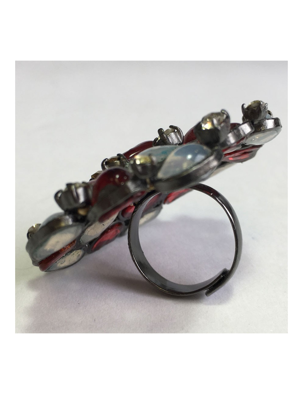 TAILLE Bague MARGUERITE DE VALOIS en pâte de verre blanc transparent et rouge