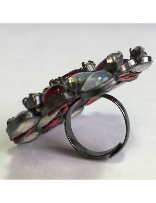 TAILLE Bague MARGUERITE DE VALOIS en pâte de verre blanc transparent et rouge