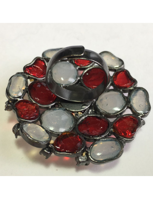 TAILLE Bague MARGUERITE DE VALOIS en pâte de verre blanc transparent et rouge
