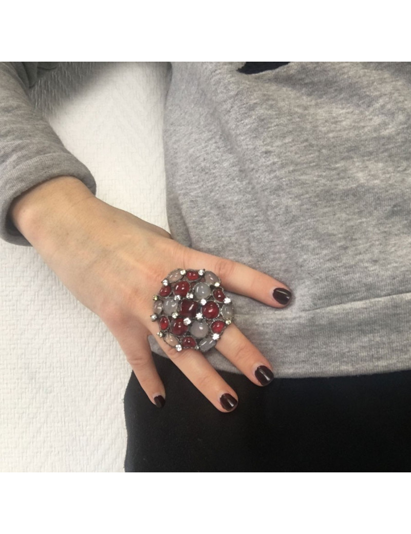 TAILLE Bague MARGUERITE DE VALOIS en pâte de verre blanc transparent et rouge