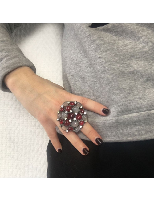 TAILLE Bague MARGUERITE DE VALOIS en pâte de verre blanc transparent et rouge