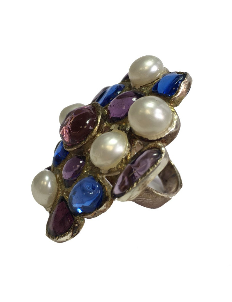 TAILLE Bague MARGUERITE DE VALOIS en pâte de verre mauve et bleu, perles nacrées